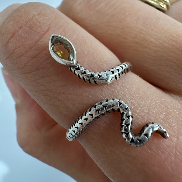 Jewelry - Sterling Silver 925 Citrine Yellow Stone Snake Ring Adjustable Size 7.75